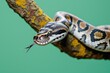 Studio shot of a Boa Constrictor snake slithering along a tree branch against a plain green background. 