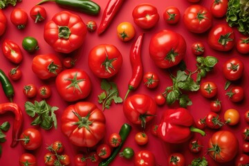 Poster - Top view of a large group of red vegetables such as various kinds of tomatoes and peppers isolated on red background 