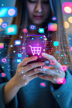 Women using a social media marketing concept on mobile smart phone with notification icons of love, message, comment, chat, email and shopping cart smartphone hologram screen