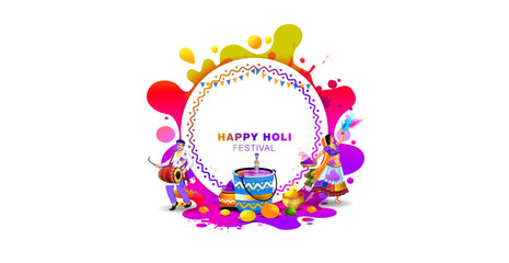 Wall Mural - Vector poster of Indian holi festival celebration background with colorful color splash, pichkari color bucket and traditional decoration.