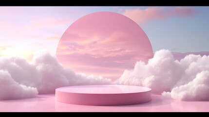 Wall Mural - Background podium pink 3d product sky platform display cloud pastel scene render stand. Pink podium stage minimal abstract background beauty dreamy space studio pedestal smoke showcase geometric white