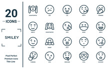 Smiley Linear Icon Set. Includes Thin Line Disappointed, Smiley, Wink, Thinking, Shocked, Kiss, Cry Icons For Report, Presentation, Diagram, Web Design
