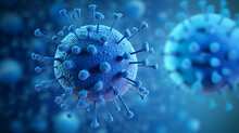 3D Illustration Detailed Blue Virus With Red Spikes. Flu Virus, Coronavirus And Covid-19 On A Blue Background With Copy Space. Microbiology And The Science Of Virology.