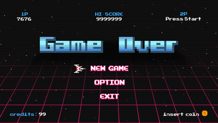 Poster - game over.pixel art .8 bit game.retro game. for game assets in vector illustrations.retro futurism s