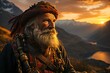 an old celtic bagpipe player with a impressive background of a beautiful sunset scenery of scottish highlands