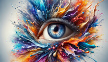 Artistic Rendering Of A Human Eye Surrounded By A Dynamic And Colorful Explosion Of Paint Splatters, Symbolizing Creativity, Vision And Perception. Vision Concept. AI Generated.