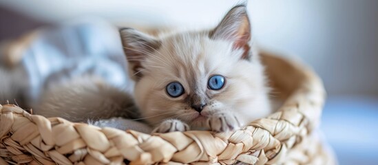 Wall Mural - Adorable Blue-Eyed Kitten Cuddles in Cute Cat Basket