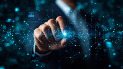 Wall Mural - Businessman touching virtual display to connect digital software of network services. Digital future. Generative AI