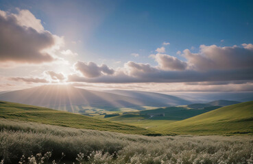 Fototapeta zielone góry i słońce, krajobraz.