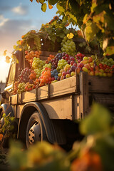 Wall Mural - Vintage truck carrying various types of fruits in an orchard with sunset. Concept of food transportation, logistics and cargo.