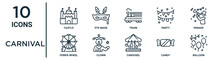 Carnival Outline Icon Set Such As Thin Line Castle, Train, Parade, Clown, Candy, Balloon, Ferris Wheel Icons For Report, Presentation, Diagram, Web Design