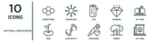 Natural Resources Outline Icon Set Such As Thin Line Honeycomb, Log, Oil Tank, Electricity, Forest, Oil Tank, Seed Icons For Report, Presentation, Diagram, Web Design