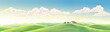 Summer rural landscape panoramic format, with hills and agriculture fields and village, on top of a hill. Raster illustration.