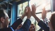 © RMedia - High five, team and hands of people in celebration for teamwork achievement, team building meeting or collaboration. Group solidarity, support and community friends celebrate charity mission success