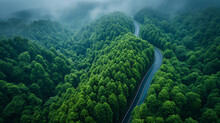 The scenic road winding through lush green mountains with a river, trees, and clear blue skies, perfect for summer tourism in the stunning natural landscape of China