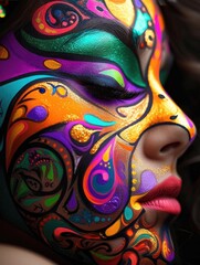 Wall Mural - Creative female face painting by a real makeup artist. Using bright colors on a beautiful woman. Make-up Generative AI