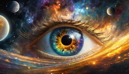 Wall Mural - colorful eye in universe with galaxies and planets