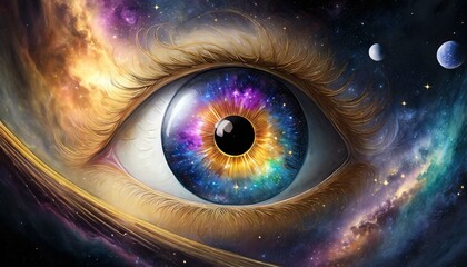Wall Mural - colorful eye in universe with galaxies and planets