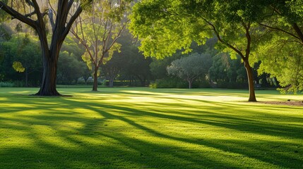 Wall Mural - Lush green lawn in a local park with lovely trees, bathed in morning sunlight. Horsham Botanic Gardens, Victoria, Australia. Empty area for writing.