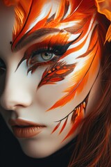 Wall Mural - Creative female face painting by a real makeup artist. Using bright colors on a beautiful woman. Make-up Generative AI