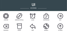 Set Of 10 Outline Web Ui Icons Such As Aperture, American Football, Alarm, Shopping Bag, Next, Backspace, Beaker Vector Icons For Report, Presentation, Diagram, Web Design, Mobile App