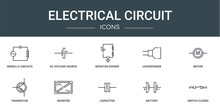 Set Of 10 Outline Web Electrical Circuit Icons Such As Series Lc Circuits, Dc Voltage Source, Resistor Divider Circuit, Loudspeaker, Motor, Transistor, Inverter Vector Icons For Report,