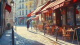 Fototapeta Uliczki - Morning in Paris, with a classic French cafe and a lady strolling along the street.