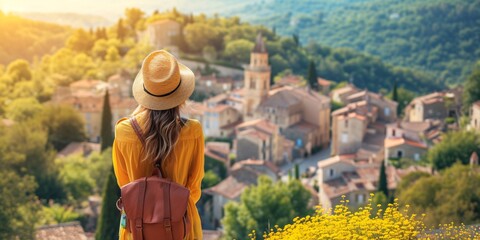 Female traveler admiring scenery of village in France.