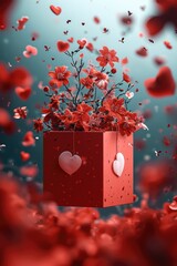 Poster - Flying red gift box with red flowers and hearts inside and around, Item for Valentine day. Generative AI.