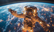 Astronaut floating in space above Earth, arms outstretched, with city lights glimmering on the planet's surface, symbolizing exploration and adventure