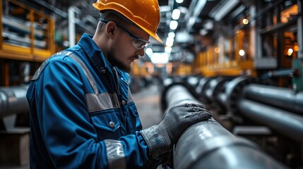 Poster - A pipe engineer is inspecting the quality of pipes in an industrial factory. Generative AI.