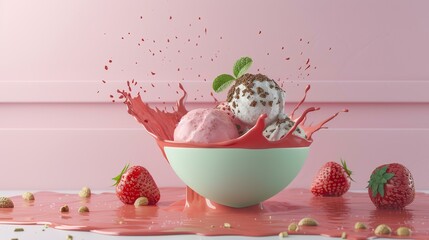 Wall Mural - strawberry ice cream in a bowl with splashes of milk. 3d rendering