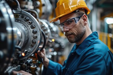 Poster - Engineer inspecting and maintaining machinery in an industrial maintenance workshop. Generative AI.