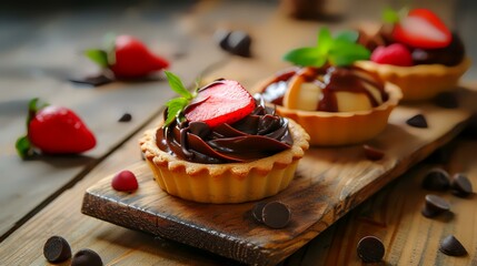 Wall Mural - Tartlets with chocolate cream and strawberries on a wooden background.