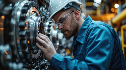 Poster - An engineer is inspecting the quality and operation of the engineering equipment on the spot. Generative AI.