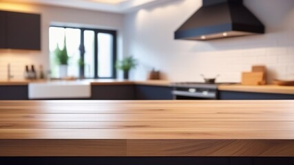 Wall Mural - Empty wooden table top with blur kitchen interior background. Generated AI