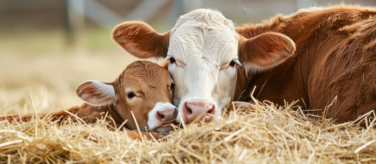Wall Mural - adorable cow and calf cuddling on soft bed of hay