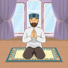 Muslim people is praying salat dhuha on a prayer mat in his room