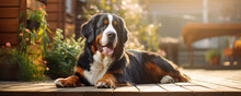 Happy Bernese Mountain Dog Lies On The Wooden Porch