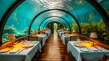 Fototapeta Do akwarium - underwater restaurant with a panoramic view of a vibrant coral reef, offering a unique dining experience