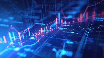 Business chart with uptrend line graph, bar chart and stock numbers in bull market on white and blue color background