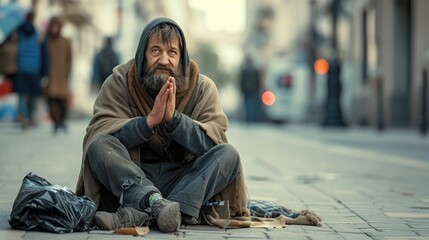 Homeless beggar man with a bag lying on bench outdoors in city, sleeping.