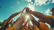 © buraratn - Soccer, team high five and men celebrate winning at sports competition or game with teamwork on field. Football champion group with motivation hands for a goal, performance and fitness achievement