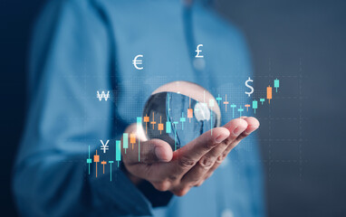 Aufkleber - World Global currency exchange and money transfer, Businessman touching virtual world map and currency sign include dollar yuan yen euro and pound sterling.