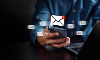 Poster - Businessman sending email by laptop computer to customer, business contact and communication, email icon, email marketing concept, send e-mail or newsletter, online working internet network.