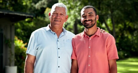 Poster - Senior, father and man hug in garden with happiness, love and support of family in retirement. Mature, dad and embrace person with a smile in backyard park on holiday or vacation together in Brazil