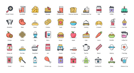 Poster - Breakfast Colored Line Icons Food Coffee Porridge Iconset in Filled Outline Style 50 Vector Icons