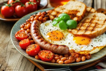 Poster - A classic English breakfast with fried eggs, sausages, baked beans, and grilled tomatoes