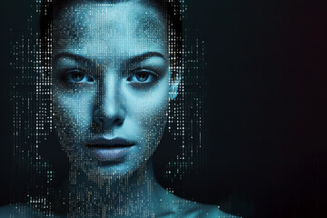Wall Mural - The face of an android woman, covered with microchips, against the background of IT equipment. An allegory of AI intelligence. A woman's face with a polygonal light.