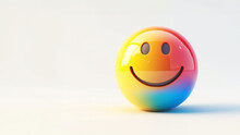 Grinning Or Smiling Yellow Rainbow Emoji 3d Style. Face With Rainbow. Rainbow Smile Icon. Slightly Smiling Face Large Size Of Yellow Emoji Smile. Rainbow Shape Over Colorful Background.